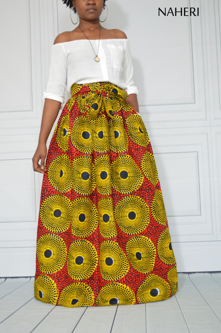 African print maxi skirt record print red ankara fashion