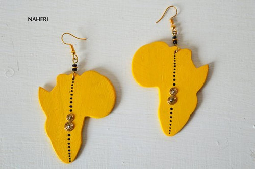 yellow African map wooden earrings