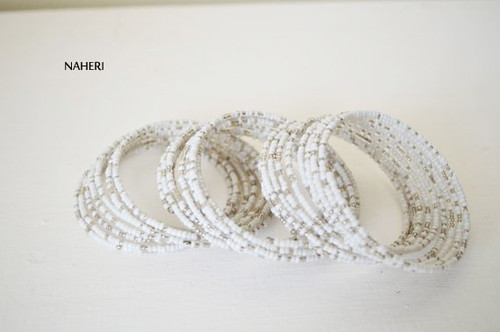 Beaded white African coil around spiral bracelets Cuff bangles