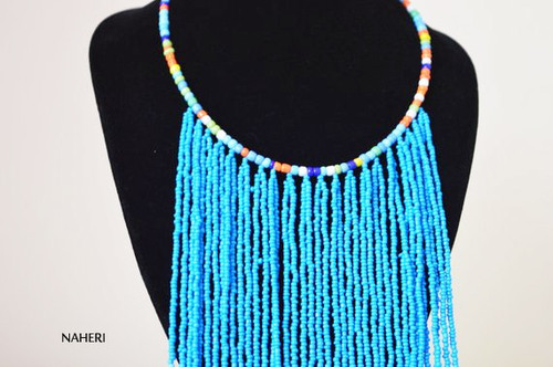 African beaded fringe necklace blue jewelry