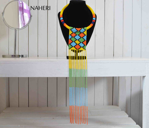 African zulu maasai necklace beaded fringe statement neck piece tribal jewelry