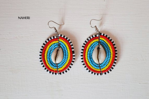 African beaded jewelry round earrings with cowrie shell
