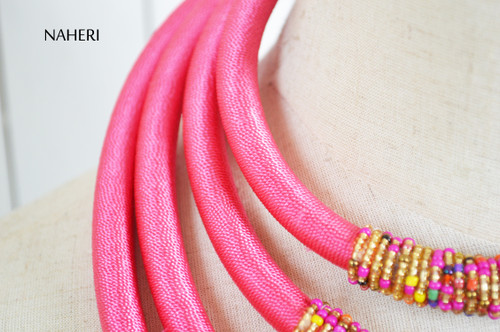 African beaded layered jewelry set hot pink | NAHERI