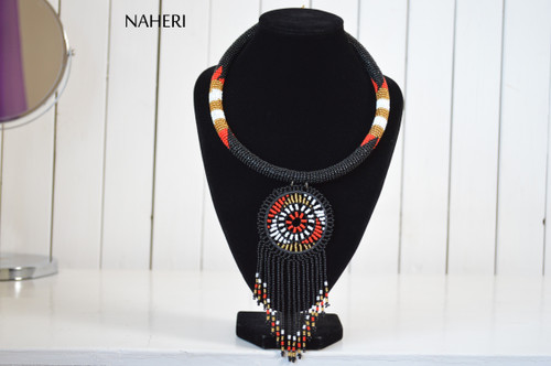 Beaded African necklace handmade pendant black naheri