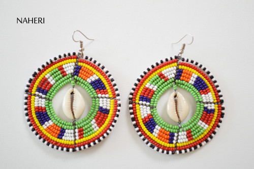African beaded round earrings with shell tribal maasai jewelry