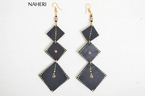 African wooden tiered earrings black diamond shape Naheri