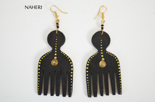 Afro comb wooden earrings black Naheri