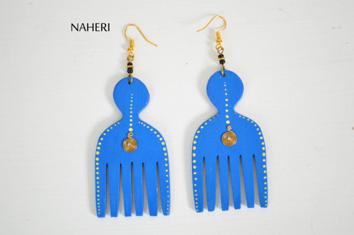 Afro comb wooden earrings blue Naheri