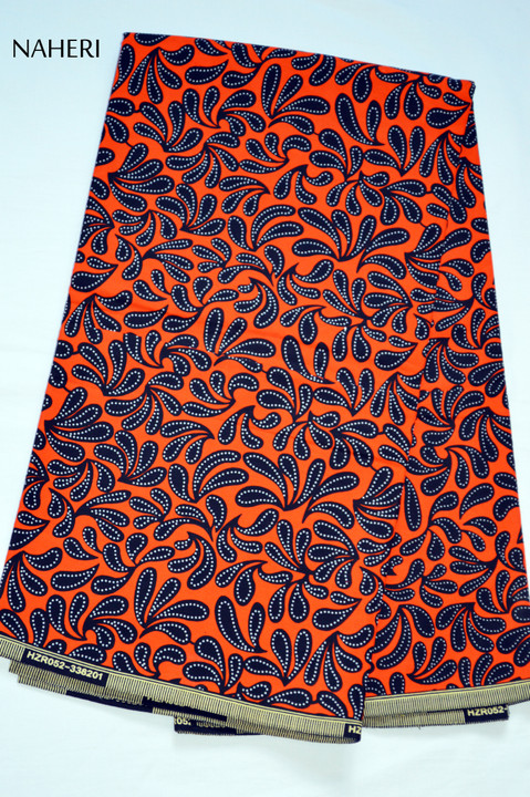 African print fabric paisley pattern orange black Naheri