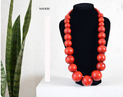 African inspired necklace red wooden beads Naheri