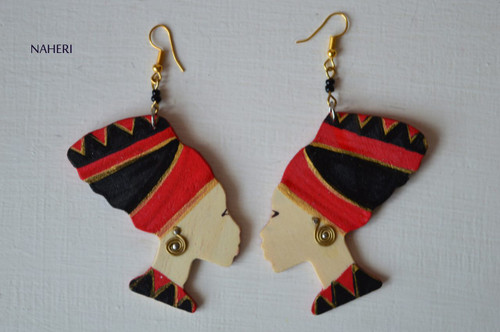 African head wrap wooden earrings red and black