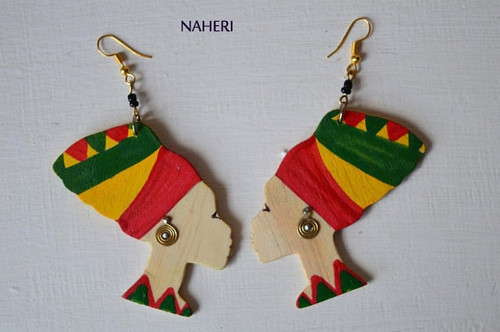 Head wrap wooden earrings red, yellow and green