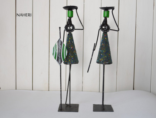 Beads and metal African candle holders green Naheri