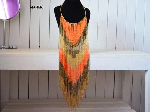 African inspired fringe necklace long orange