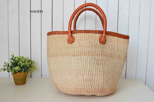 African handwoven handbag sisal and leather beige