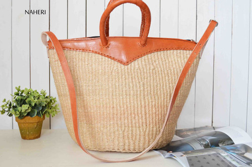 Handwoven sisal and leather basket African inspired