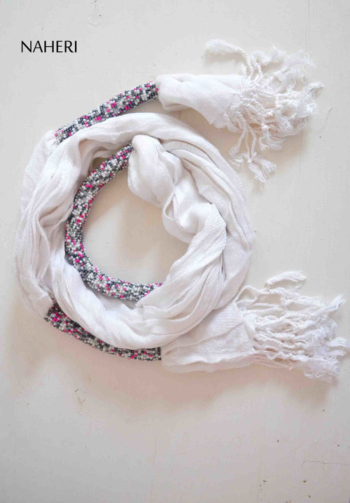 Beaded cotton scarf white African inspired