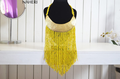 African beaded yellow necklace tribal neck fringe neck piece with brass