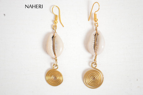 African handmade cowrie shells earrings with brass wire coil