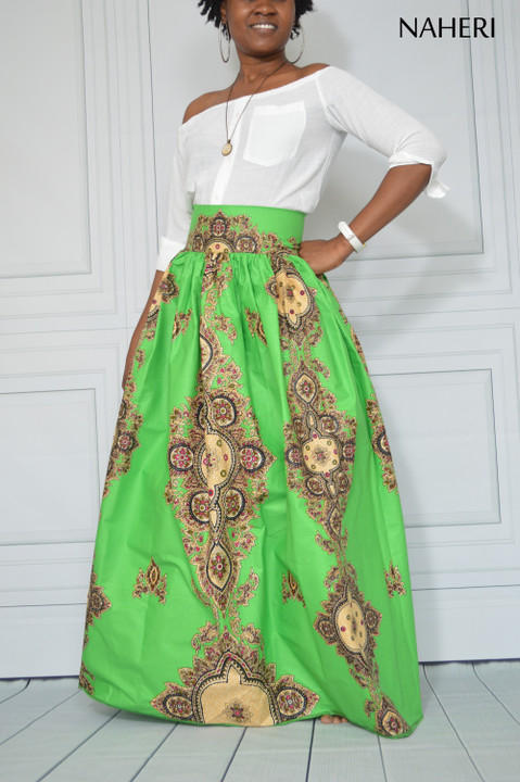 African print maxi skirt - LUNA green ankara skirt with sash/tie belt