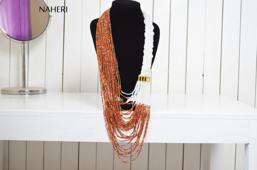 African tribal necklace African inspired statement neck piece white with mixed beads