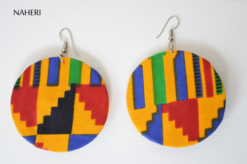 African print kente fabric earrings round multicolored naheri ankara jewelry