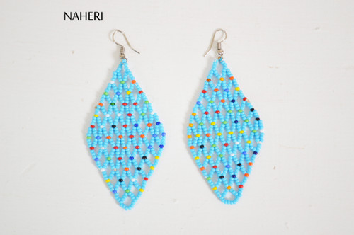 African beaded mesh earrings sky blue jewelry naheri