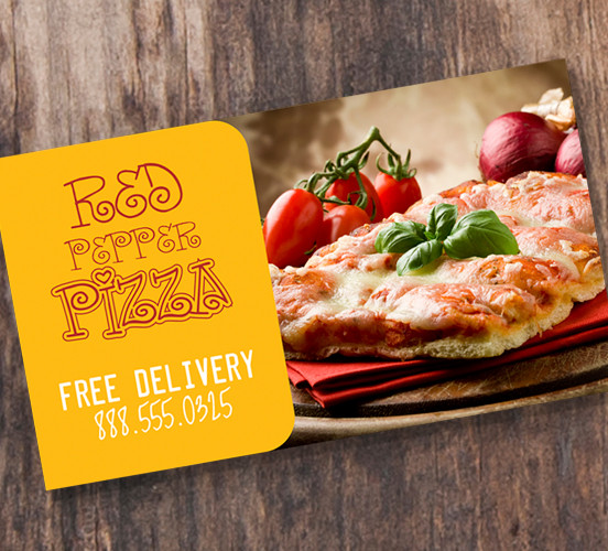 Full-color matte business cards with vibrant food photography — this yellow matte finish card shows off a mouthwatering pizza image with crisp, true-to-life color, perfect for restaurants, pizzerias, and food delivery businesses wanting menu-ready cards that stand out.