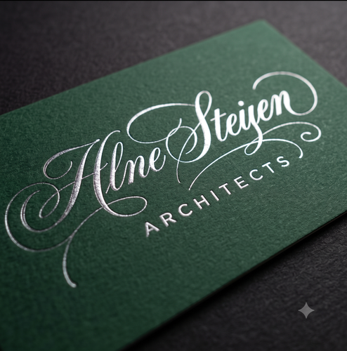 This elegant cotton business card pairs a deep forest-green cotton stock with a silver matte foil stamp on the flowing script logo. The matte finish keeps the foil subtle and refined rather than flashy — a soft shimmer instead of a shine — while the cotton's natural texture adds warmth behind the lettering. A strong fit for architecture, design, and other creative-professional brands that want a card as considered as their work.