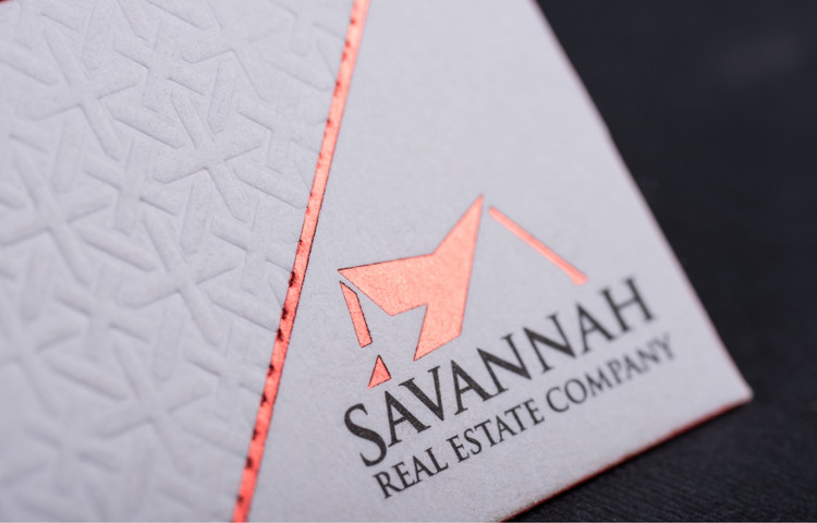 45pt White Cotton Business Cards with Red Foil Stamp and Debossing and Red Colored Edges