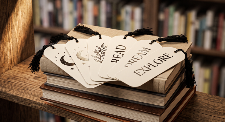 Die cut bookmarks with black tassels, each cut into a tag shape reading 'Read,' 'Dream,' or 'Explore,' fanned across a stack of books in front of a bookstore shelf — custom die cut bookmark example