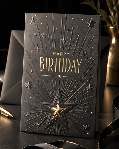 Blind embossed birthday card in charcoal cardstock with gold foil "Happy Birthday" lettering and starburst design, styled with gold ribbon and string lights.