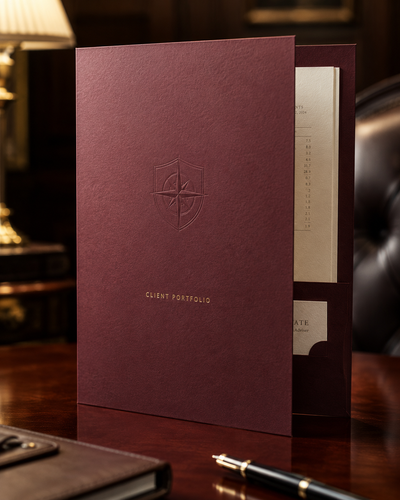 Embossed presentation folder in deep burgundy cardstock with a blind-embossed shield mark and gold foil lettering, styled on a desk with a fountain pen.