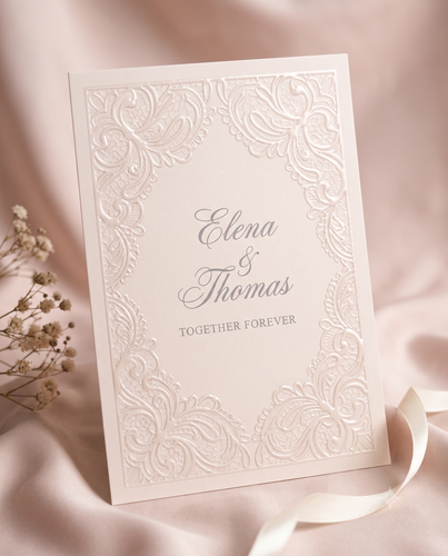Spot UV wedding invitation in blush ivory cardstock with a glossy lace border pattern and "Elena & Thomas, Together Forever" lettering, styled on blush silk with dried flowers and ribbon.
