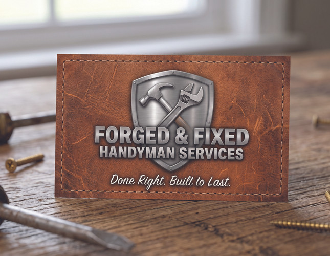 custom handyman business card featuring a leather texture background, steel shield logo, and bold typography displayed on a wooden workbench with tools.