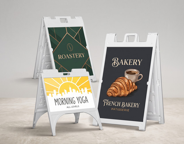printshaQ.com White A-frame sidewalk sign with double-sided custom inserts, featuring a coffee roastery and yoga class promotion on one side and a French bakery advertisement on the other — a versatile custom A-frame sign design for retail and food service storefronts.
