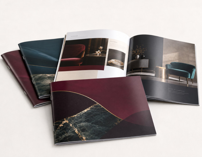 Custom full-color saddle stitch catalogs and booklets with glossy covers, crisp interior pages and professional stapled binding from printshaQ.