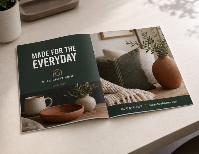 Saddle stitch catalog on a desk, stapled along the folded spine and lying open — the economical binding for lower page-count catalogs, programs, and product booklets.
