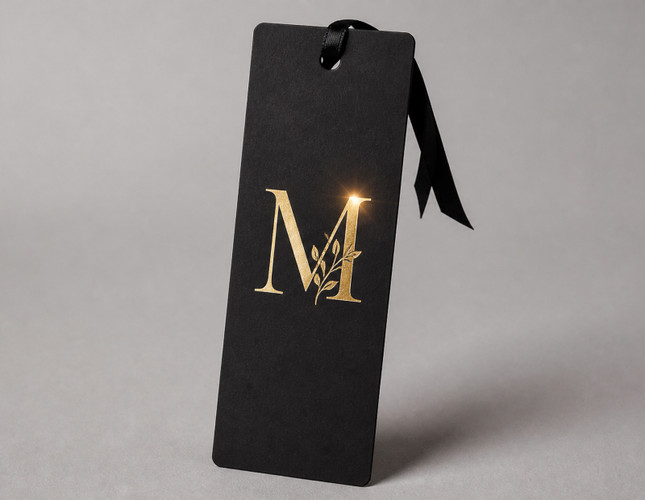 Foil stamped bookmark featuring 01 black gold foil monogram | printshaQ