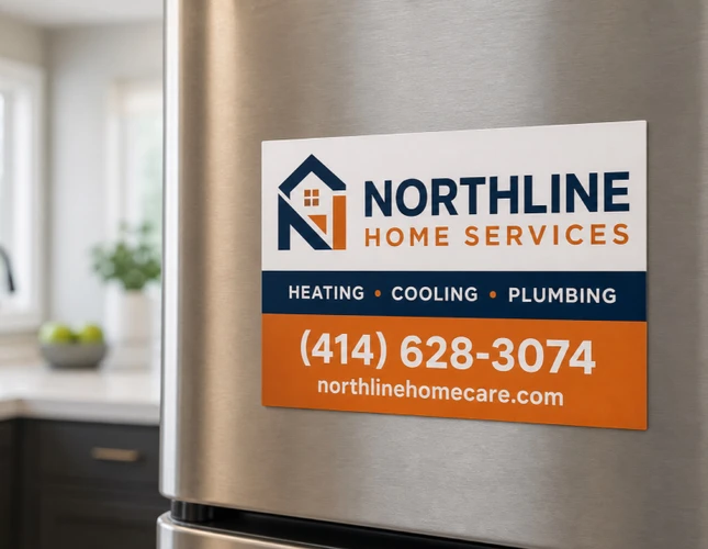 Magnet postcard stuck flat to a refrigerator door with a bold business name and phone number — printed magnetic stock that keeps a local service business visible in the kitchen long after a mailer would have been thrown out.