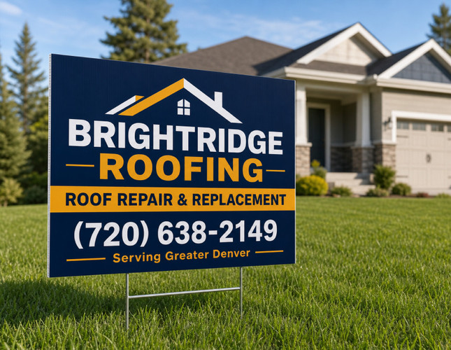 Coroplast yard sign for a roofing company, printed in full color with bold contact information, mounted on an H-frame stake in a residential front yard