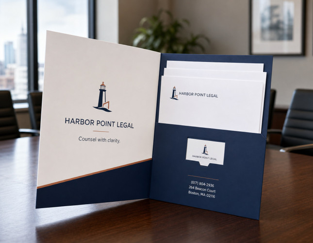 Legal size presentation folder open on a conference table with documents in the interior pocket — a full-color folder sized for legal paperwork, built for law firms and professional services handoffs.
