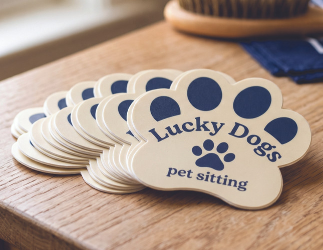 Die cut sticker shaped like a paw print for Lucky Dogs Pet Sitting, fanned out on a wood table with a grooming brush, bandana, and dog treats — custom die cut sticker example