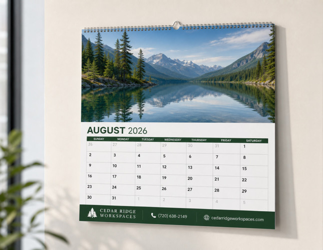 Custom wall calendar printing with spiral binding, hung open on a wall — a full-color image panel above a readable month grid, the year-round branded piece customers keep in view for twelve months.