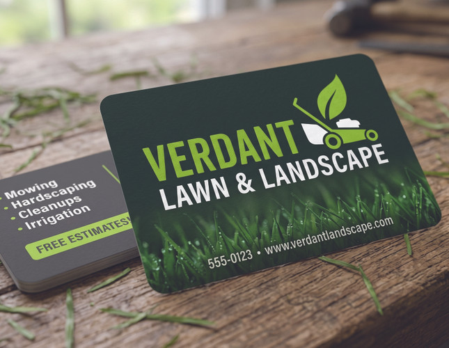 Photorealistic landscaping business card for Verdant Lawn and Landscape on a wood background featuring a macro grass blade image and services list.