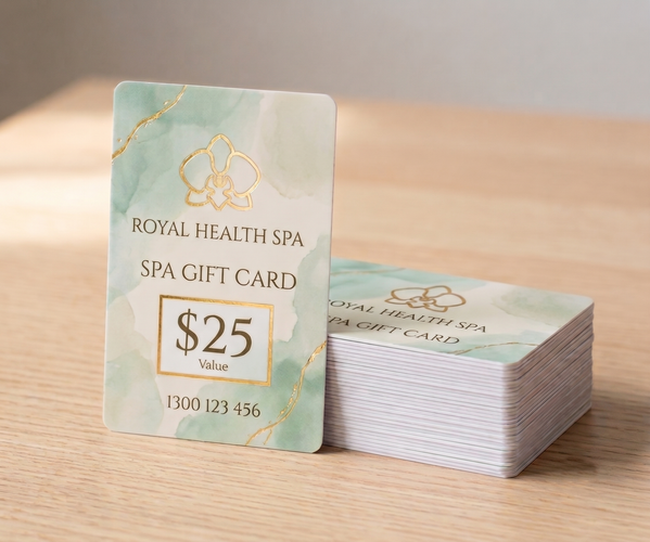 30mil Full-Color Plastic Spa Gift Card with Custom Gold Foil Design and $25 Value Panel