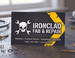 High-contrast carbon fiber custom welding and fabrication business card design featuring a skull and wrench logo with yellow hazard stripes.