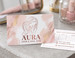 Custom aesthetic business card for Aura Hair and Nail Bar featuring pastel blush watercolor graphics, a line-art logo, and an appointment card back. It seems like