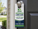 Custom door hangers with a die-cut doorknob cutout, hung on a residential front door - ideal for local service businesses running door-to-door marketing drops. - printshaQ