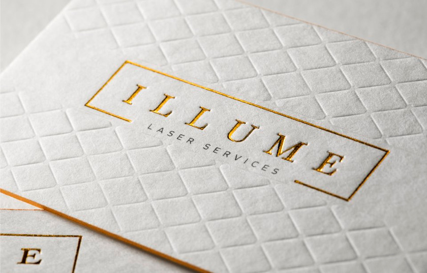 45pt White Cotton Business Cards with Gold Foil Stamp and Debossing and Gold Colored Edges